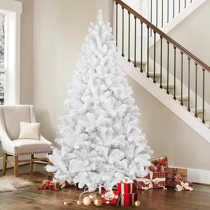 Kadunmina 8ft Artificial White Christmas Tree, Unlit Premium Xmas Tree with 1430 Branch Tips,Fake Spruce Full Hinges Trees for Home,Office,Metal Base