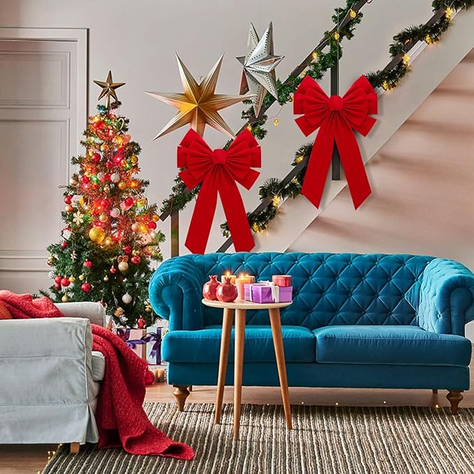 MEWTOGO 2 Pcs Large Christmas Red Wreath Bows - 23.6×15.7 in Velvet Red Bows with Golden Tie, Easy Hanging for Window Stairs Outdoor Porch Christmas Decoration Gifts Indoor Party Supplies