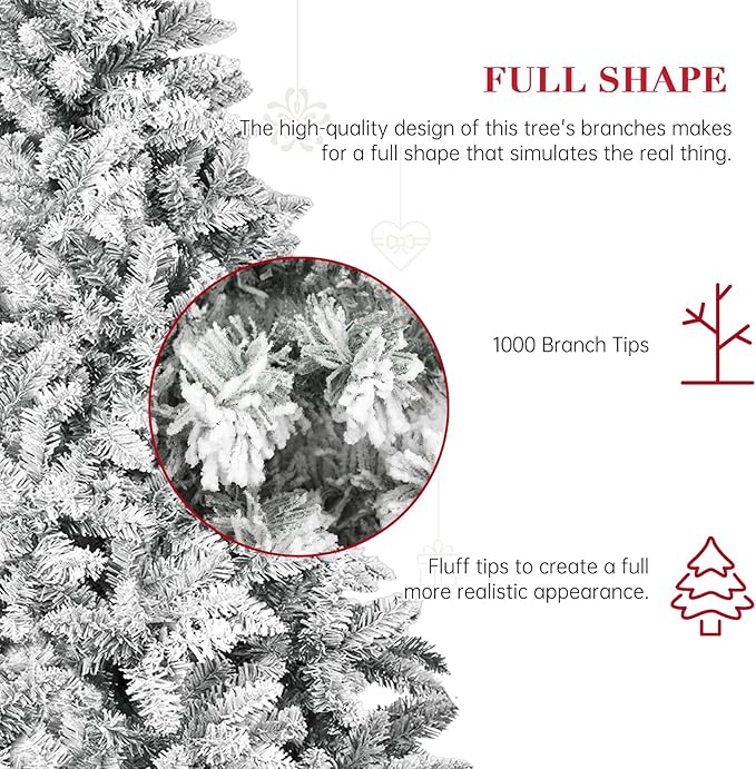 SUNCROWN 6ft Artificial Flocked Christmas Tree Premium Frosted Snow Christmas Tree Hinged Xmas Tree Holiday Decor for Indoor Outdoor, Foldable Metal Stand, 1000 Branch Tips, White