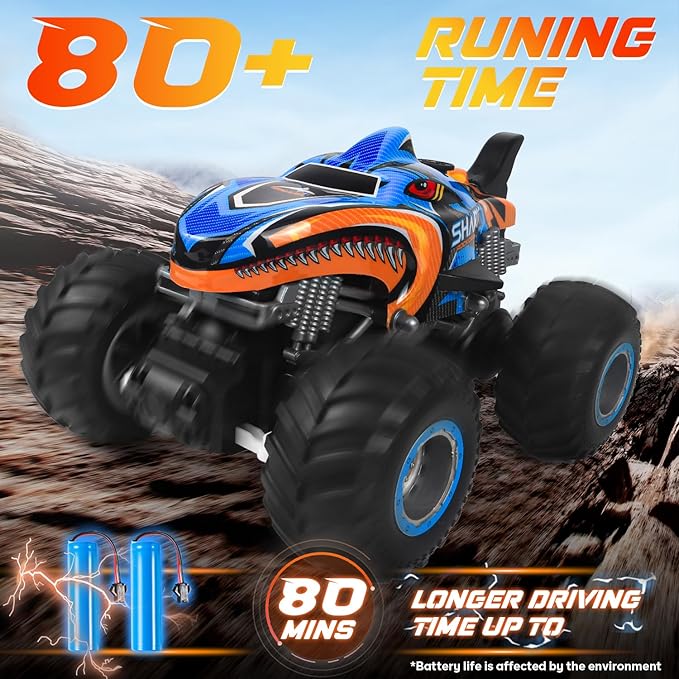 1:16, 2.4 GHz All Terrain Monster Truck, RC Truck 2 Rechargeable Batteries for 80 Mins Play, Spray Remote Control Car for Boys 8-12 and Girls or Adult, MK724A