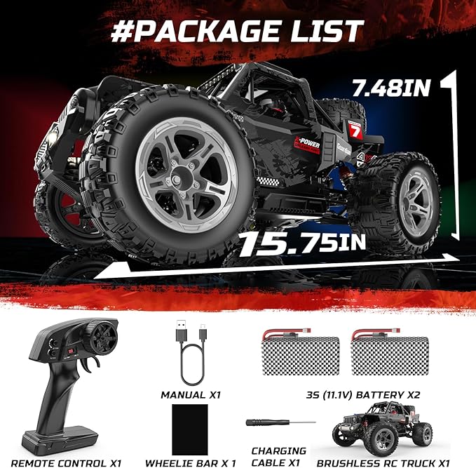 DEERC 1/10 Brushless RC Cars for Adults, 60 KMH 4x4 Off-Road RC Truck, Waterproof Remote Control Monster Truck, High Speed RC Car, All Terrain Remote Control Car for Boys, 2 * 3S Lipo Batteries
