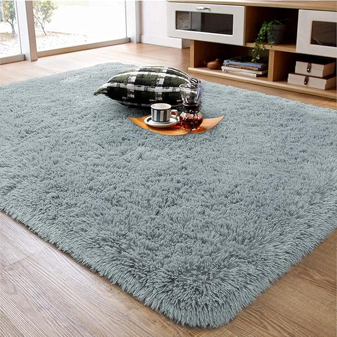 Ompaa Fluffy Area Rugs, Super Soft Shaggy Rug Fuzzy Long Fur Carpets for Bedroom Living Room Decor, 4 x 6 Feet Gray Blue