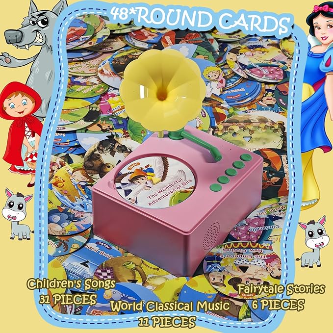 Kids Gramophone with 96 Learning Cards, Toddler Gramophone Music Toy, Kid Phonograph Toddler Record Player, Kid Gramophones, Children's Phonograph Story Music Player Gift Boys Girls (Pink)
