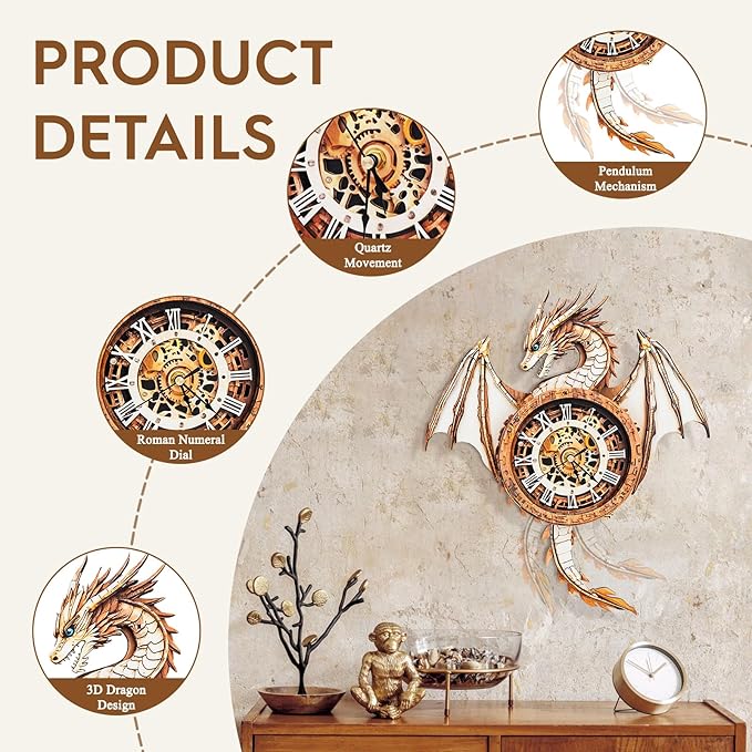 3D Puzzle for Adults Clock-Dragon Design Model Kit-Mechanical DIY Pendulum Clock with Roman Numerals-Desk Office Home Decor Personalized Gift for DIY Lovers