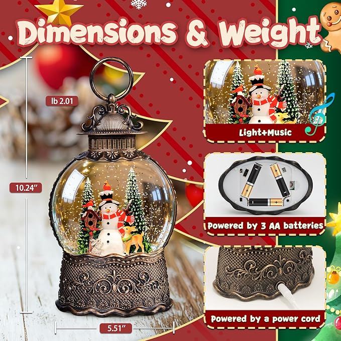 Christmas Snow Globes Lantern, Snowman and Christmas Tree Christmas Decorations Indoor, 6H Timer Battery & USB Powered Light Up Musical Snow Globes for Kids Women Adults Gift Thanksgiving Home Decor
