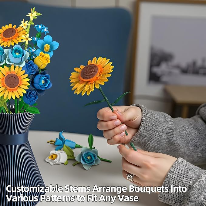 Blue Rose Sunflowers Bouquet Building Set - Compatible with Lego Flowers for Adults Women, Van Gogh's Starry Night and Sunflowers Style, Collection Christmas Mother's Day Valentine's Gifts Home Decor
