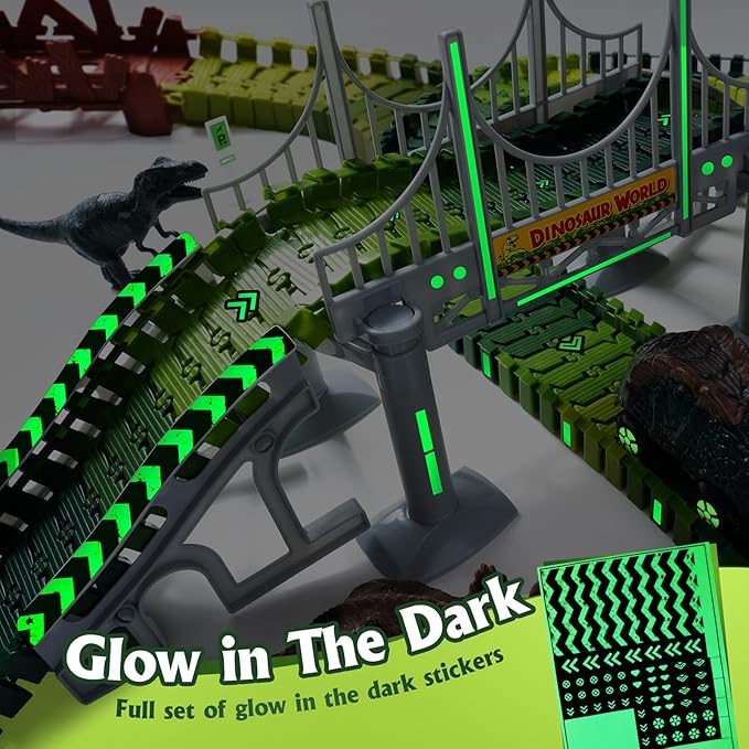 218 PCS Race Tracks Dinosaur Toys for Kids 3-5, Glow in The Dark Magic Toy Set, 2 Dinosaur Cars Track, Flexible DIY Track Set, Birthday Gift for Age 3-9 Boys Toddler Girls