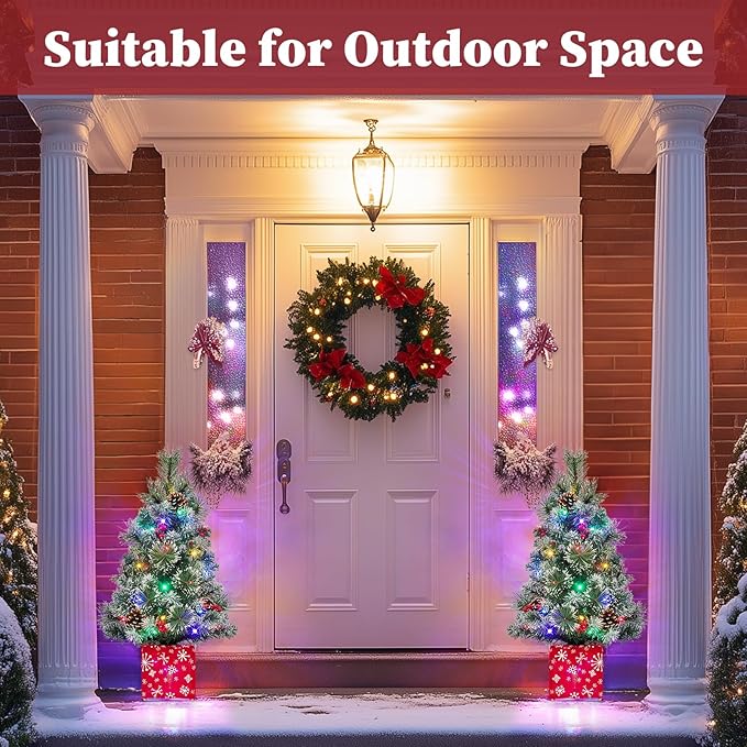 Brightever 2FT Small Christmas Tree, Prelit Mini Christmas Tree with Multi-Color LED Lights, Battery Powered Little Xmas Tree with Frosted Tips for Table Top, Green, Snowflake Gift Box Base Included