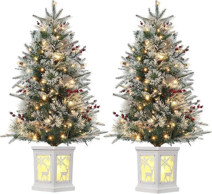 3FT Prelit Artificial Christmas Tree with Lights, 3 Foot Artificial Christmas Tree with Snowflake Base, 78 LED Prelit Christmas Tree, Battery Operated, Timer, Easy Assembly, Winter Holiday Decor