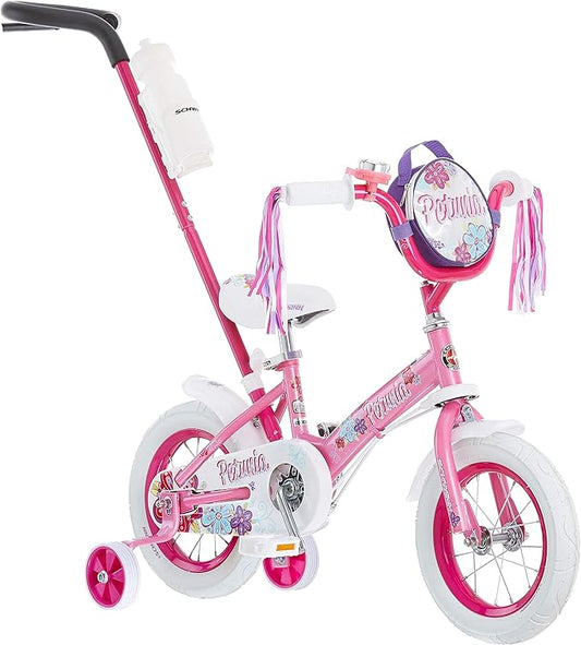 Schwinn Grit and Petunia Push Steer and Ride Kids Bike, For Boys & Girls Ages 2-4 Year Old, Rider Height 28-38 Inch,12-Inch Wheels, Training Wheels, Detachable Push Handle with Water Bottle & Holder