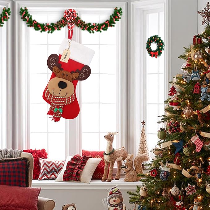 Christmas Stocking,21 inch Christmas Stockings with Wood Name Tag,3D Reindeer Christmas Stocking,for Family Holidays and Christmas Tree Fireplace Decoration(Red)