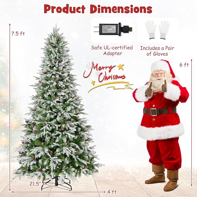 Goplus 7.5 FT Pre-Lit Artificial Christmas Tree, Snow Flocked Hinged Xmas Tree with 470 Warm-White LED Lights, 1135 Tips, 81 Pine Cones, Lighted Xmas Tree for Office Home Decoration