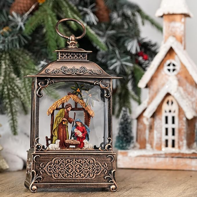 Nativity Scene Snow Globe, Light Up Christmas Snow Globes with Music Timer - USB Plug or Battery Operated Glitter Globe Indoor Christmas Decorations