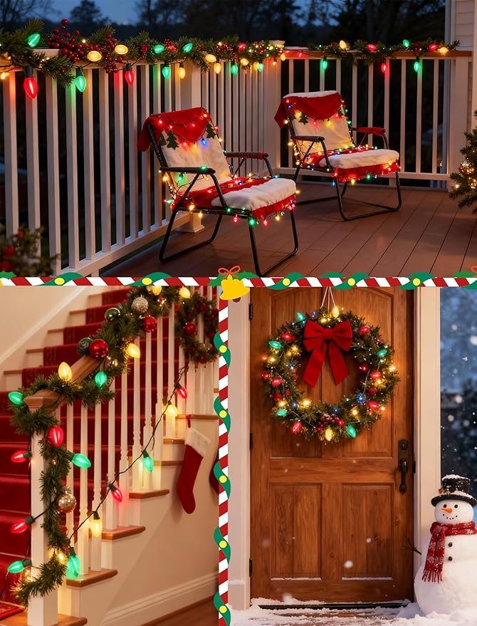 C7 LED Red White and Green Christmas Lights, 25Ft Outdoor Chritsmas String Lights Shatterproof with 27 LED Clear Multicolor Bulbs, Connectable Vintage Christmas Lights for Patio Garden Backyard Decor