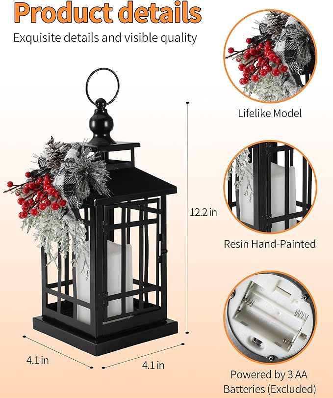 iStatue Metal Black Christmas Lantern with Flameless Candle, 14'' Modern Farmhouse Decor Festive Holiday Rustic Home Gifts for Indoor/Outdoor (Xmas)
