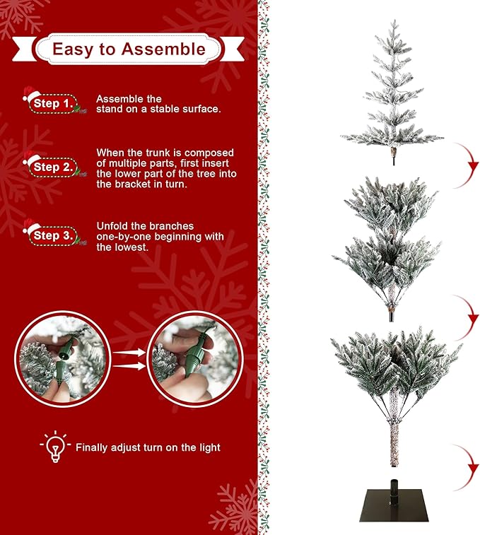 Glitzhome Flocked Christmas Tree, 7ft Pre-Lit Artificial Christmas Tree with 400 Warm White Lights, Deluxe Xmas Serene Snowscape Fir Tree with 1015 PE Tips and Sturdy Metal Stand,Easy Set Up