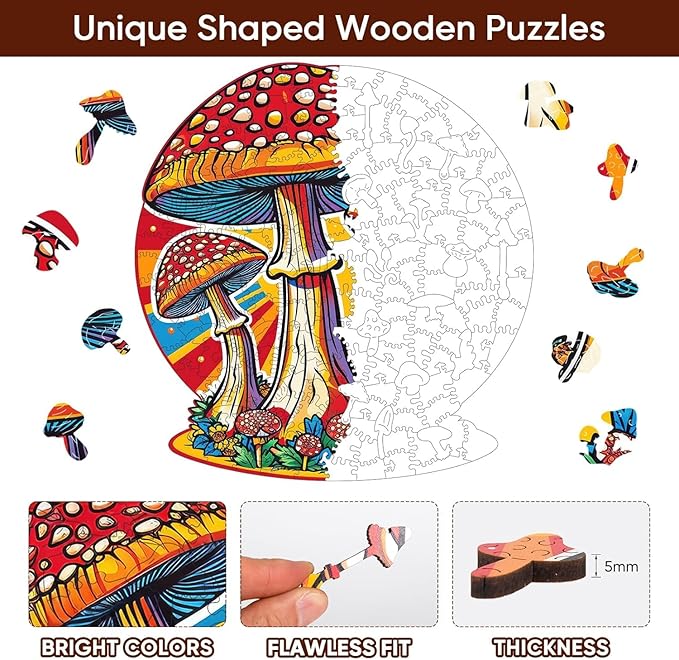 Mushroom Wooden Puzzles for Adults, 500 Piece Unique Shaped Wood Jigsaw Puzzles for Adults and Kids, Fun Challenging Puzzles Family Game Gift, 15.9'' x 16.7''