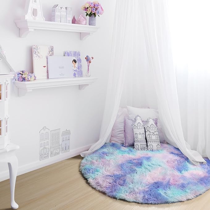 ONASAR Rainbow Round Area Rug 4ft, Soft Bedroom Circle Throw Rugs for Kids Girls Boys Teen Dorm Room, Fluffy Plush Shaggy Carpet Mats for Nursery Living Room Playroom Home Decor Princess Castle