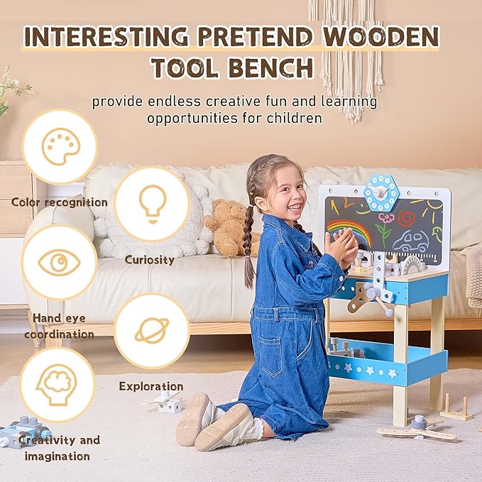 Kids Tool Set, Wooden Kids Tool Workbench Playset with STEM Construction Toys, Toddler Tool Bench with Ample Storage Space and Blackboard, Creative Gifts Tool Bench for Kids Ages 3-7, Dark Blue