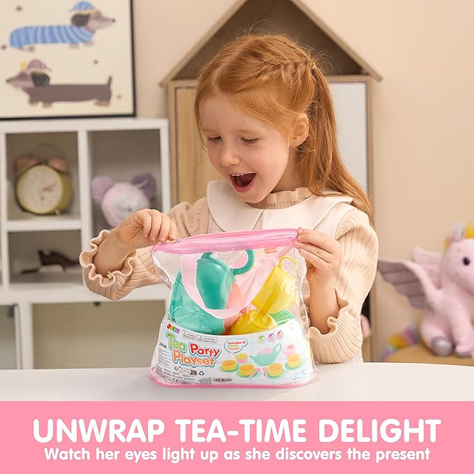 JOYIN 18PCS Pretend Tea Party Set Play Food Accessories BPA Free, Phthalates Free, Plastic Tea Set, Mini Kitchen for Kids, Gifts for Toddler Boys Girls, Gift for Christmas