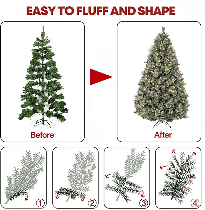 6 ft Prelighted Pine Christmas Tree, 350 Warm White LED Lights, Artificial Christmas Tree with 1016 PVC Branch Tips, Premium Stand, Easy Assembly for Indoor Holiday Decorating