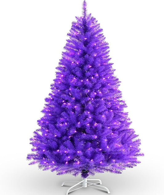 YULETIME 6.5 Feet Pre-Lit Purple Christmas Tree, Artificial Holiday Decorative Tree with UL Listed 300 Purple LED Christmas Lights with Matching Color Wire