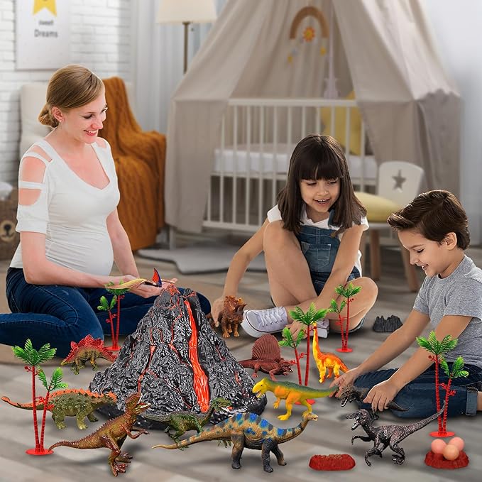 Large Volcano Set with 9 Realistic Dinosaur Action Figures for Kids 2 3 4 5 6 8 10 Years, Simulated Volcanic Eruptions w/Sounds, Volcano Can Store Dinos, Gift for Toddlers Boys & Girls