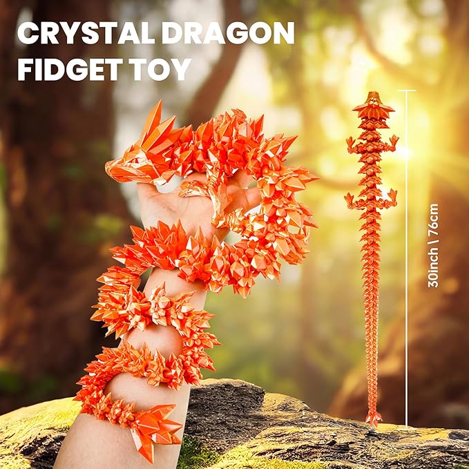 30'' 3D Printed Dragon - 3D Printed Toys, Articulated Crystal Dragon Large Rainbow Animal Fidget Toy, Decor Huge Dragons Collectible Figurines(Red Gold,30inch)
