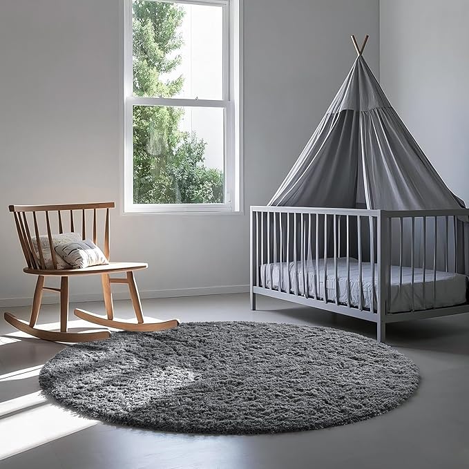 Ophanie Round Rug 4Ft Grey Circle Area Rug, Fluffy Fuzzy Bedroom Carpet, Plush Soft Shaggy Indoor Floor Gray Living Room Rugs for Kids Home Decor Aesthetic, Nursery