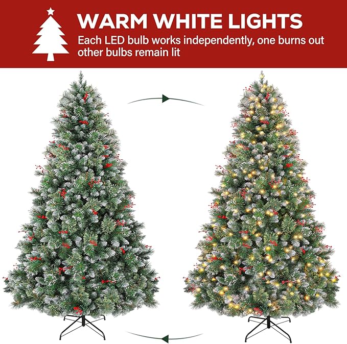 Hykolity 6 ft Prelit Snow Flocked Christmas Tree, Partially Frosted Xmas Pine Tree with Red Berries, 250 Warm White Lights, 956 PVC Branch Tips, Metal Stand and Hinged Branches