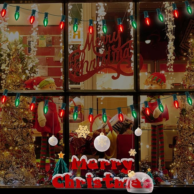 C7 LED Red and Green Christmas Lights 25Ft LED Outdoor String Lights with 27 Clear Red & Green Bulbs, Vintage Christmas Lights for Tree Carnival Patio Wedding Holiday Pathway Roofline Decor