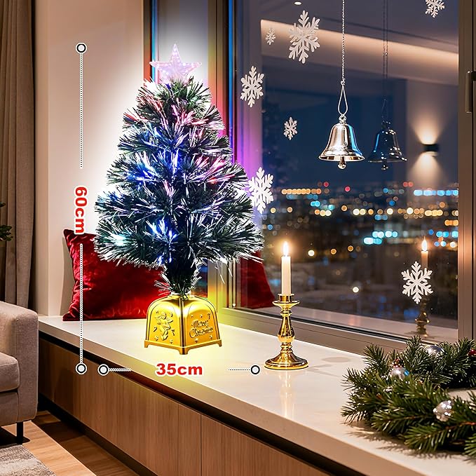 24inch Green Pre-lit Fiber Optic Christmas Tree,Tabletop Artificial mini Xmas Tree with Gold Base Pot, Stars for Holiday Home Decorations