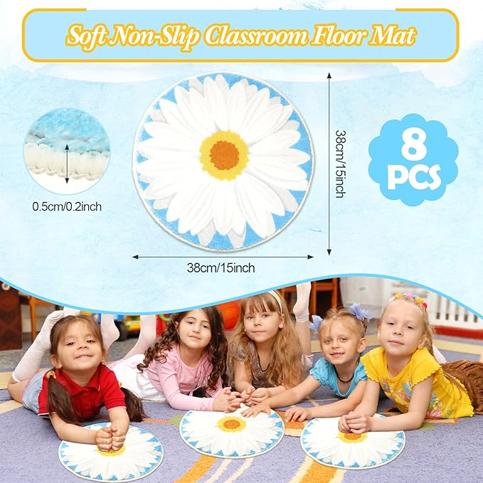 8 Pcs Classroom Carpet Kids Rug 15 x 15 Inch Back to School Supplies Round Non Slip Mat for Nursery Kindergarten Playroom Bedroom(Daisy)