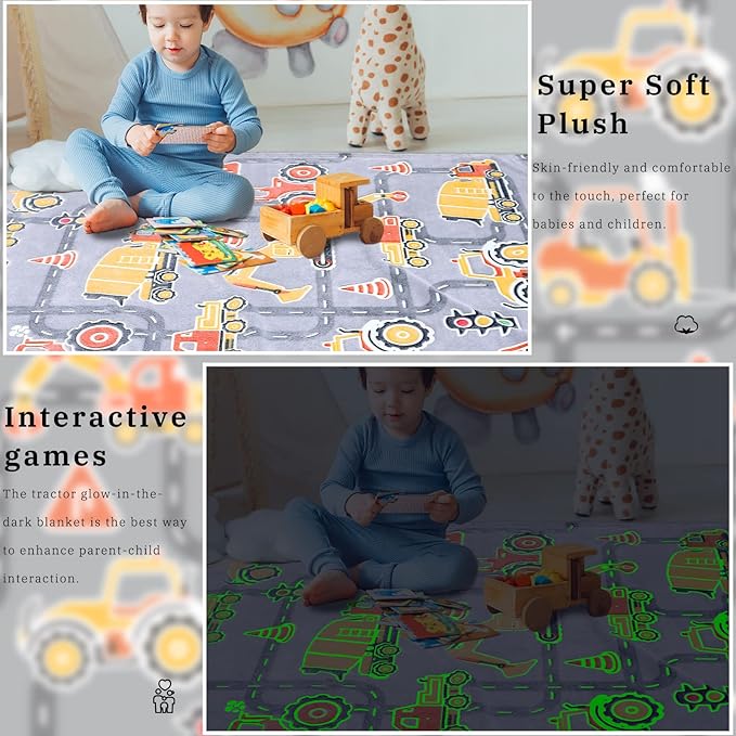 Glow in The Dark Blanket Boys Gifts for Kids Fuzzy Cozy Warm Soft Fleece Glowing Tractor Blankets for Bed Sofa Couch Unique Gifts Construction Truck Throw Blanket for Boys Teens 50"×60"