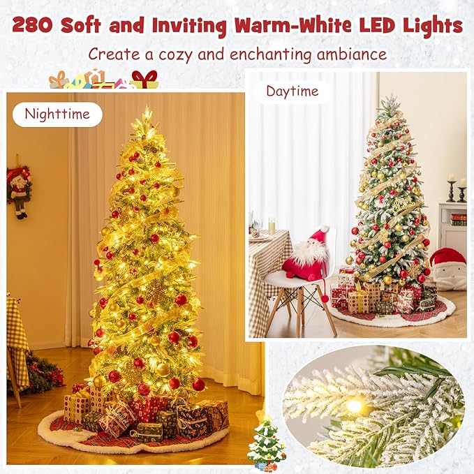 Goplus 6 FT Pre-Lit Pencil Christmas Tree, Artificial Snow Flocked Hinged Fake Slim Xmas Tree with 280 Warm-White LED Lights, 671 Branch Tips, 60 Pine Cones, for Office Home Decoration