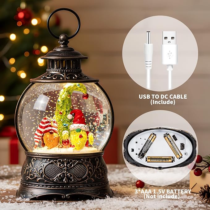 Christmas Snow Globe Lighted Gnomes Santa Elf Whimsical Christmas Tree Scene, Musical Snow Water Lantern Swirling Glittering Home Decoration and Gift, Battery Operated or USB Powered