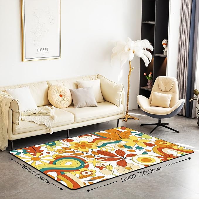 70S Groovy Hippie Flower Area Rug Girls Boho Rainbow Leaves Mushroom Pumpkin Flowers Carpet 5x7,Vintage Wavy Floral Decorative Rug Aesthetic Psychedelic Funky Non Slip Rug for Bedside