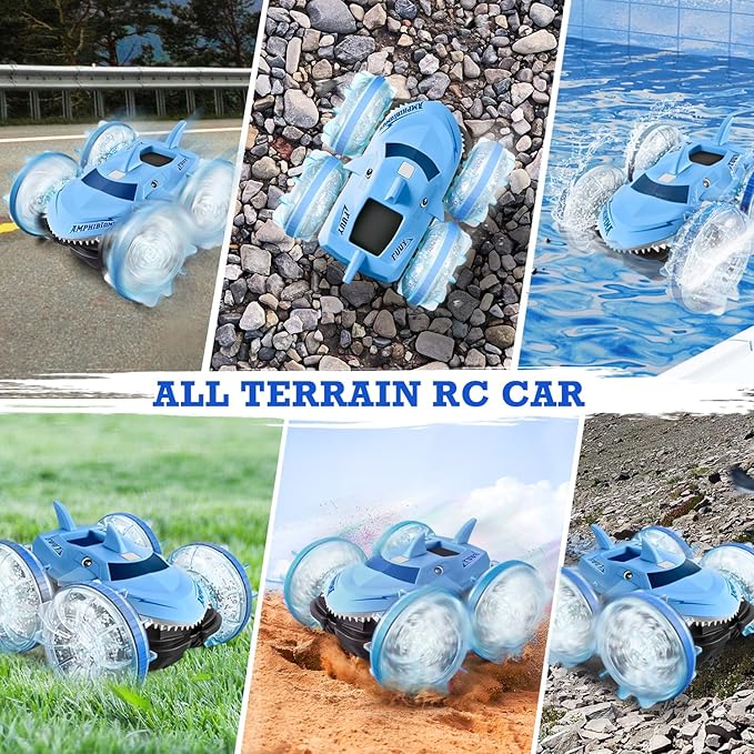 Amphibious Waterproof Remote Control Boat RC Car Monster Truck with Lights 4WD Gesture Hand Controlled Water Beach Pool Toys Kids Gifts for Boys Pool Toys Blue