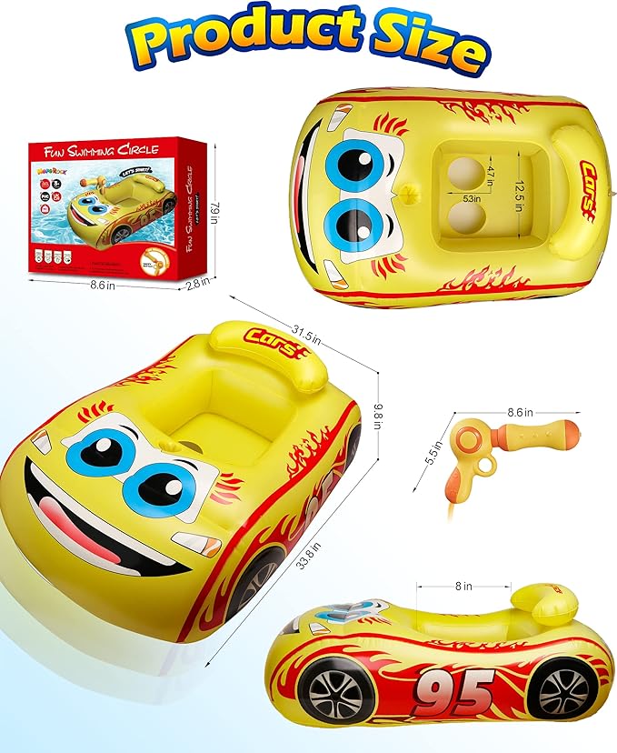 HopeRock Kids Pool Float with Water Gun,Inflatable Ride-on Swimming Pool Toy for Boys Aged 3-8 Years, Toddlers Pool Float Perfect for Summer Fun-Pool Float Kids, Ride-on Swimming Pool Toys（Yellow）