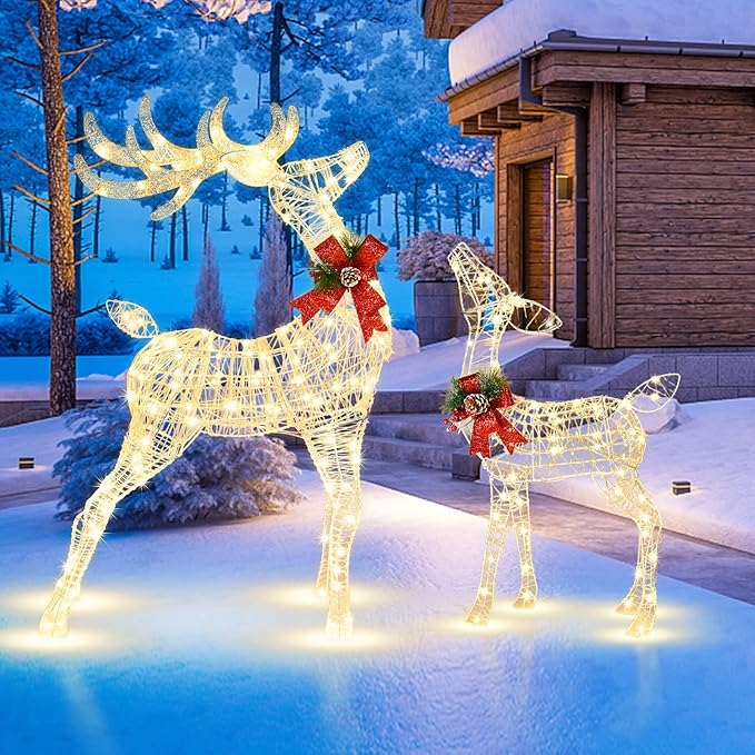 Tangkula Lighted Christmas Reindeer, Outdoor Yard Xmas Decorations with 50 LED Lights, Artificial Christmas Décor with Stakes and Zip Ties, Indoor/Outdoor Festive Holiday Decoration
