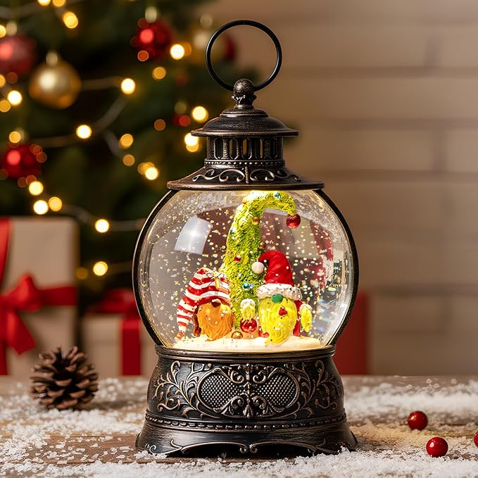 Christmas Snow Globe Lighted Gnomes Santa Elf Whimsical Christmas Tree Scene, Musical Snow Water Lantern Swirling Glittering Home Decoration and Gift, Battery Operated or USB Powered