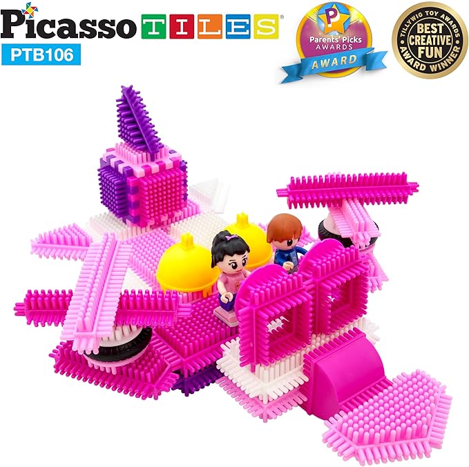 PicassoTiles PTB106 106pcs Hedgehog Lock Building Blocks Tiles Pink Castle Theme Set w/Human Figures Learning Playset STEM Toy Set Educational Kit Child Brain Development Preschool Kindergarten Toy