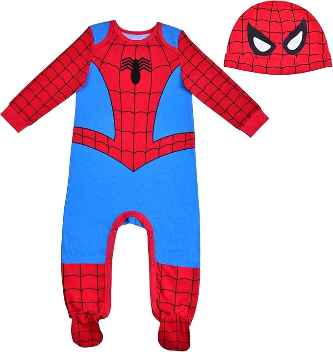 Marvel Spider-Man Boys Long Sleeve Footie Romper and Hat Set for Newborns and Infants
