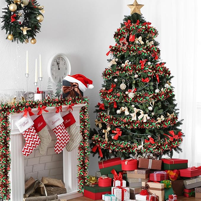 50FT Christmas Tinsel Garland - Metallic Tinsel Twist Garland for Christmas Tree Decorations,Holiday Home Indoor Outdoor Party Supplies (Green and Red)