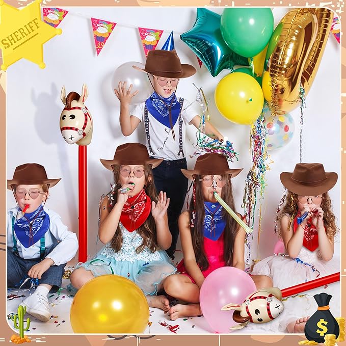 Xtinmee 48 Pcs Kids Cowboy Party Favor with Cowboy Hats Inflatable Stick Horses Bandanas Heart Glasses for Kid Costume(Brown)