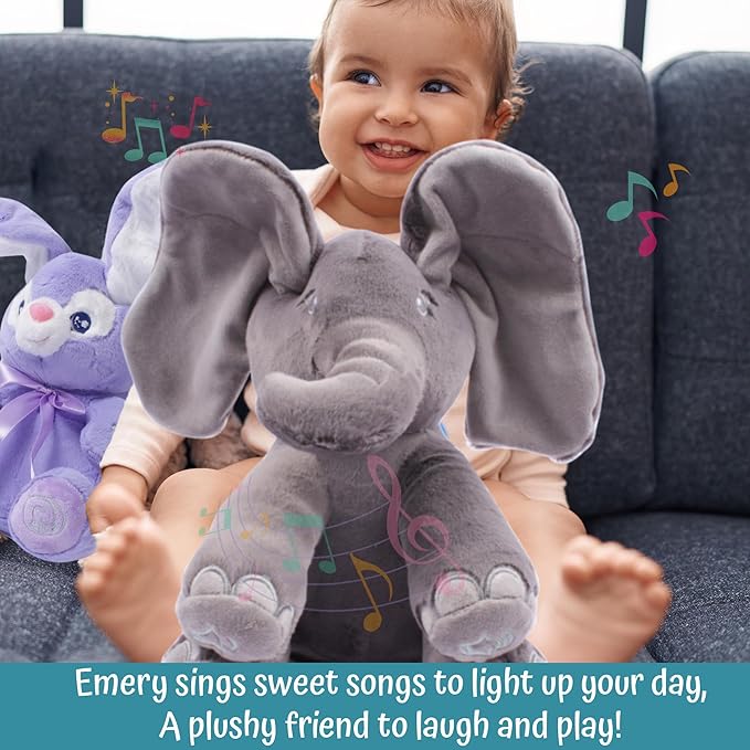 Dimple Emery Peek‑a‑Boo Elephant Plush Toy – Animated Grey Singing Stuffed Elephant for Babies & Kids with Interactive Music & Volume Control Perfect for Toddlers Ages 0 and up