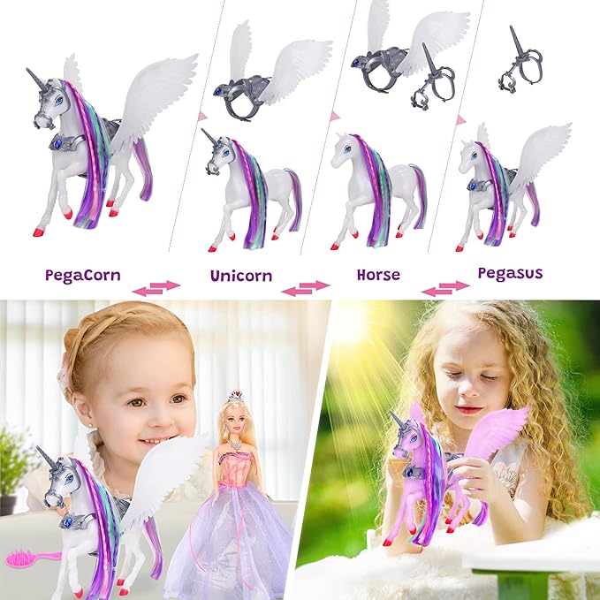MEGAFUN Color Change Unicorn Toys & Princess Doll, Unicorn Doll with Rainbow Braided Hair, Removable Saddle&Wings, Princess Toy Unicorn Gifts for Girls