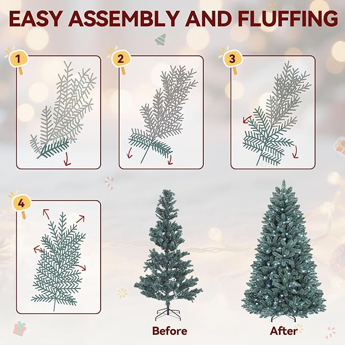 DWVO Prelit Christmas Tree 6ft, Colorado Blue Spruce Atificial Christmas Tree with 450 Cold LED Lights Includes Metal Stand, Green Full Xmas Trees with 880 Metal Hinged Branch Tips, for Home Party