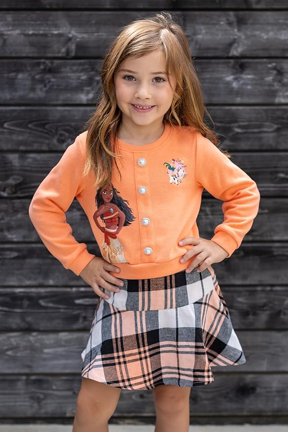 Disney Frozen Elsa Stitch Princess Moana Minnie Toddler Girl 2 Piece Outfit Kid Pearl Button Knit Top & Tweed Skirt Set 2-13Y