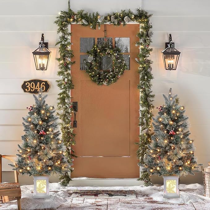 3FT Prelit Artificial Christmas Tree with Lights, 3 Foot Artificial Christmas Tree with Snowflake Base, 78 LED Prelit Christmas Tree, Battery Operated, Timer, Easy Assembly, Winter Holiday Decor